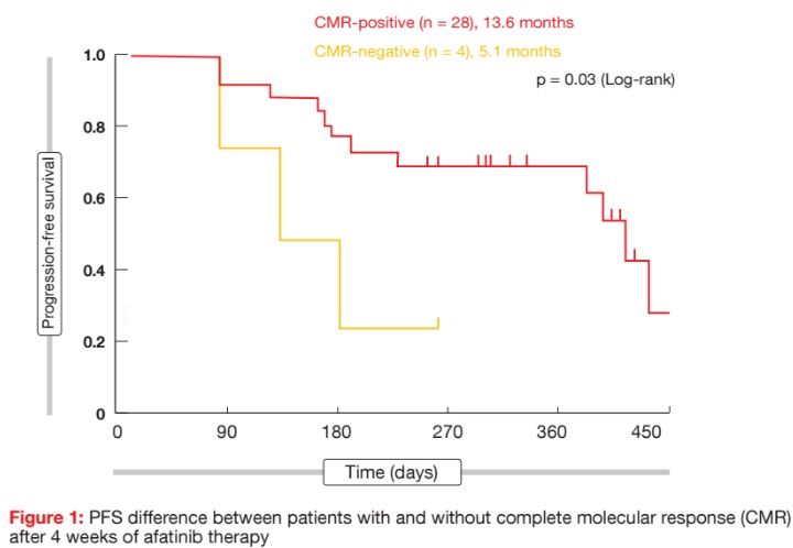 PFS difference between patients with and without complete molecular response (CMR) after 4 weeks of afatinib therapy