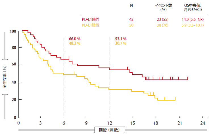 図1：ペンブロリズマブで治療したPD-L1陽性患者群の全生存率の結果