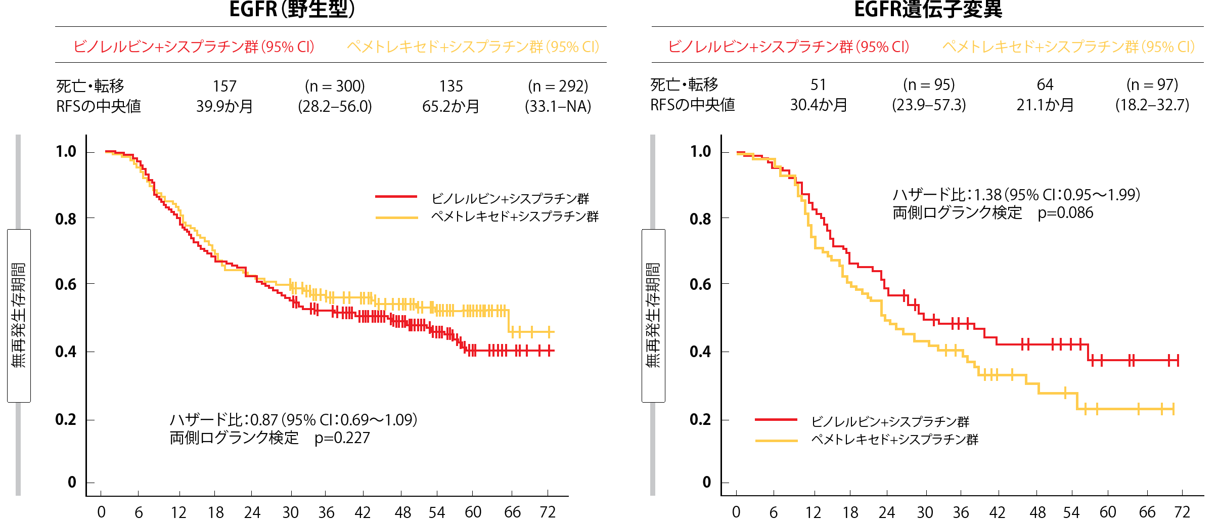 図2：野生型のEGFR遺伝子を検出した患者群ではペメトレキセド+シスプラチン併用療法に、EGFR遺伝子変異を検出した患者群ではビノレルビン+シスプラチン併用療法に無再発生存期間の延長がみられる。