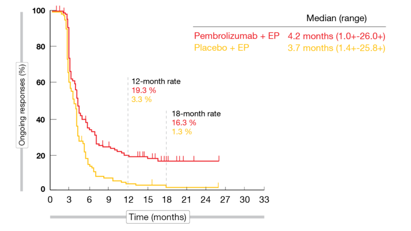 Figure 2: Duration of response for pembrolizumab plus chemotherapy vs. placebo plus chemotherapy in the KEYNOTE-604 trial