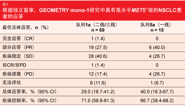 表1 根据独立盲审，GEOMETRY mono-1研究中具有高水平MET扩增的NSCLC患者的应答