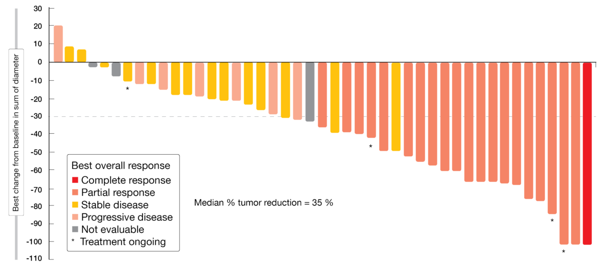 Figure 2: Reductions in target tumor size from baseline in patients with HER2 exon 20 insertion receiving poziotinib