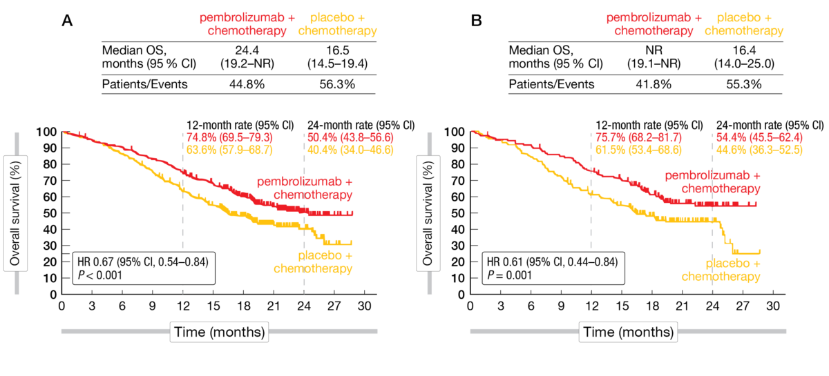 Figure 1: Overall survival in all-comer population (A) and in patients with high PD-L1 expression (CPS ≥10) (B)
