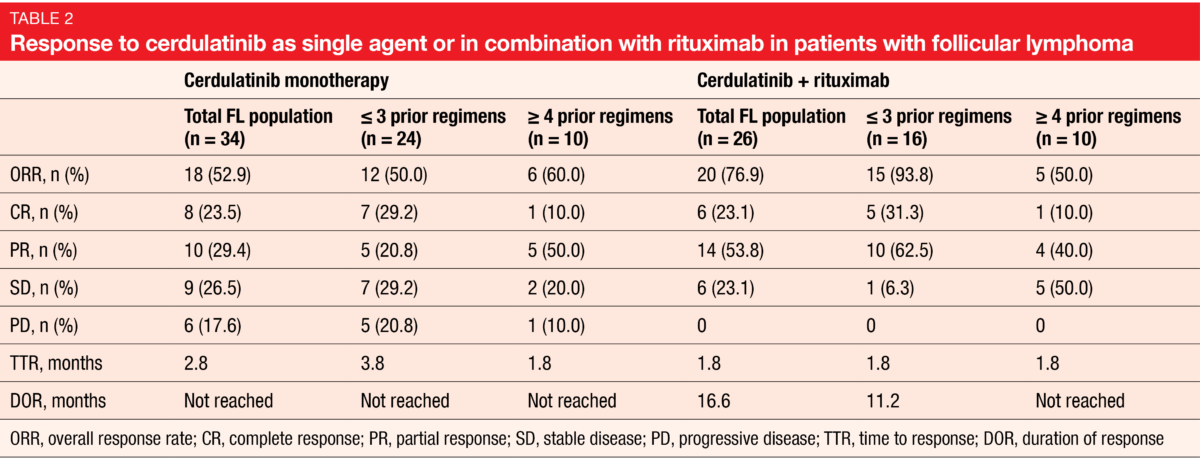 Response to cerdulatinib as single agent or in combination with rituximab in patients with follicular lymphoma