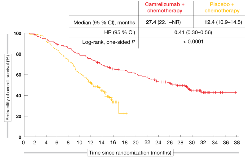 Figure: CameL-sq trial: overall survival with camrelizumab plus chemotherapy vs. chemotherapy alone after adjustment for cross-over